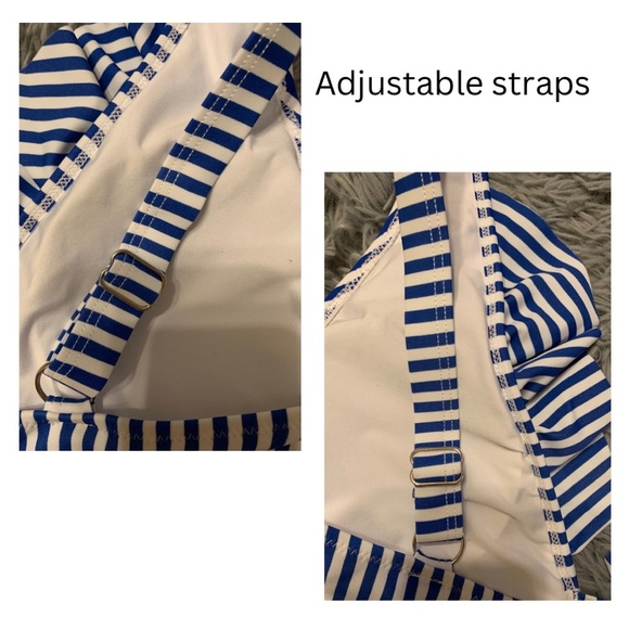 Women’s Navy Blue & White Striped sz L ruffled bikini top w/adjustable straps - Picture 4 of 7